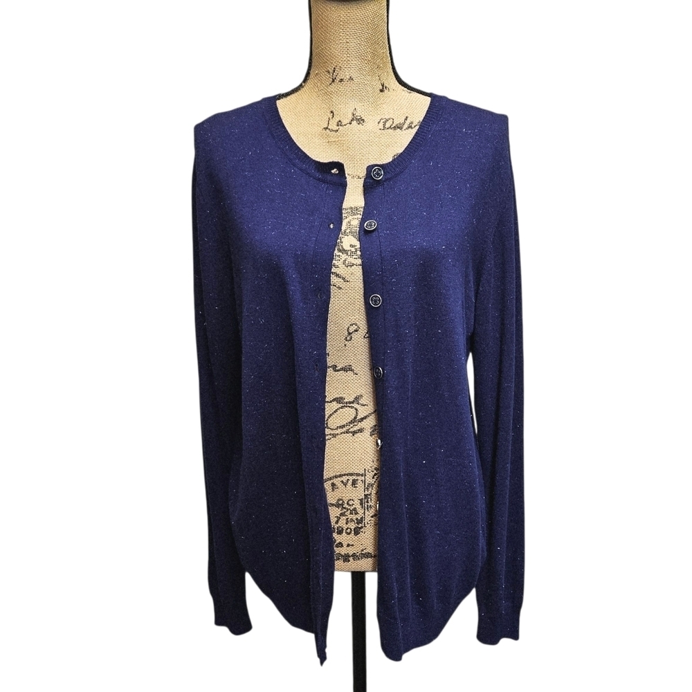 Nicole Miller Deep Blue Button-Up Navy Cardigan Metallic Thread Accent - Picture 12 of 15
